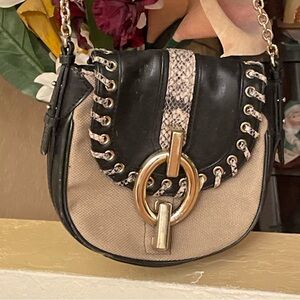 Diane Von Furstenberg Black and Tan Crossbody Bag with Gold Accents